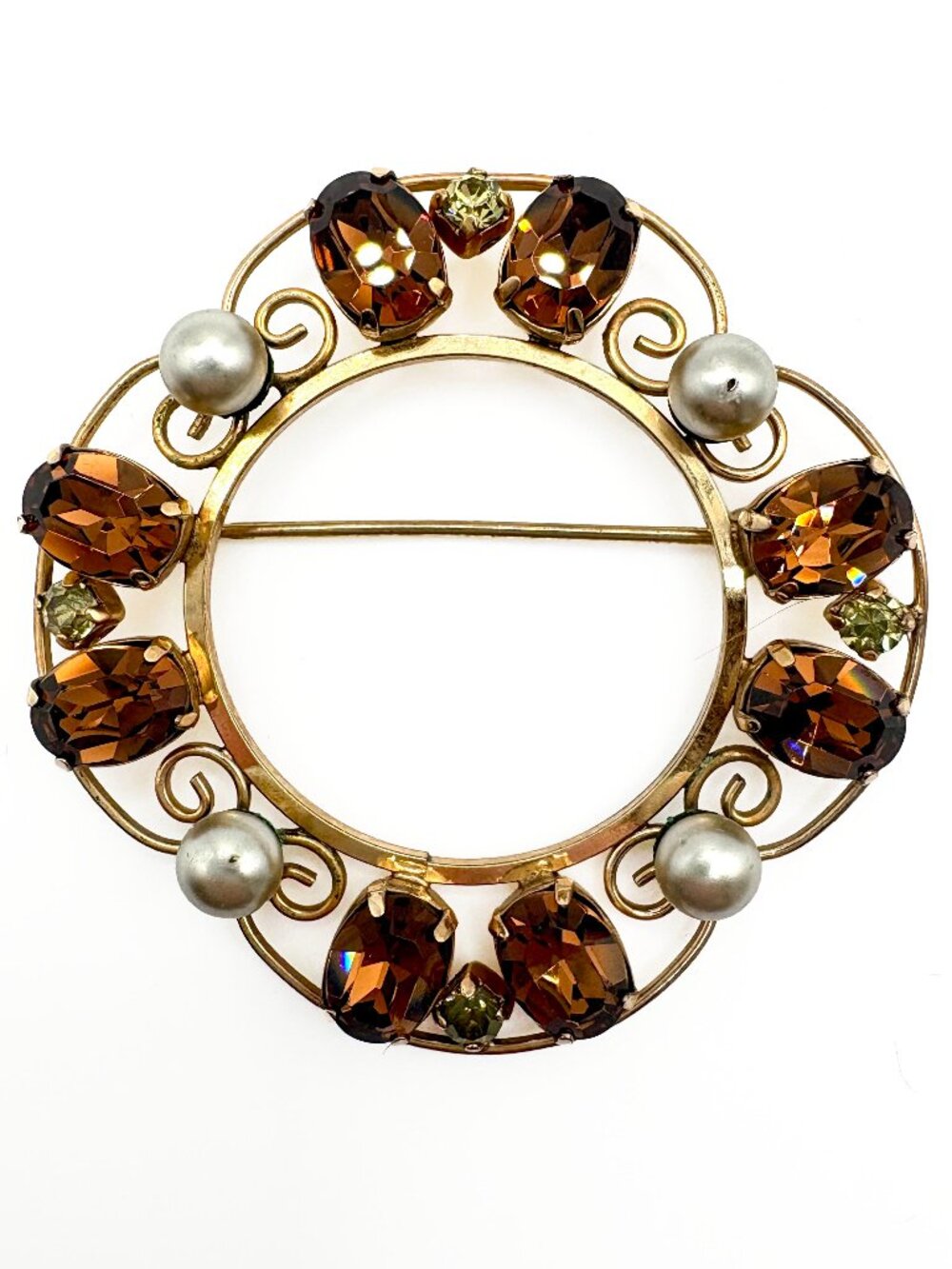 Vintage Van Dell Gold Filled Circle Brooch With Brown Crystal